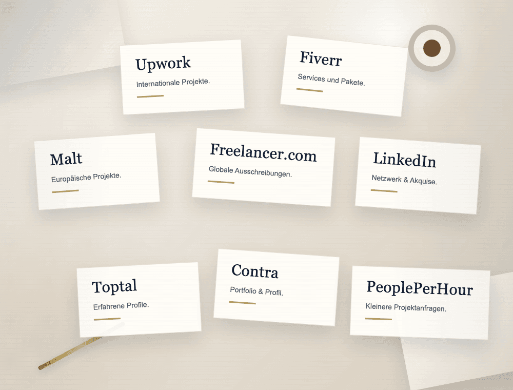 Redaktionelle Übersicht bekannter Freelance-Plattformen wie Malt, Upwork und LinkedIn