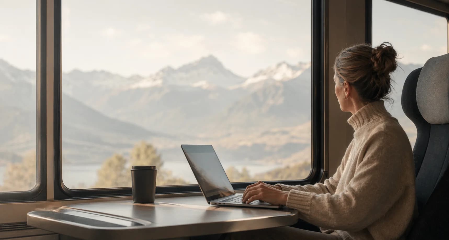 Eine Freelancerin arbeitet im Zug, während draußen eine Berglandschaft vorbeizieht